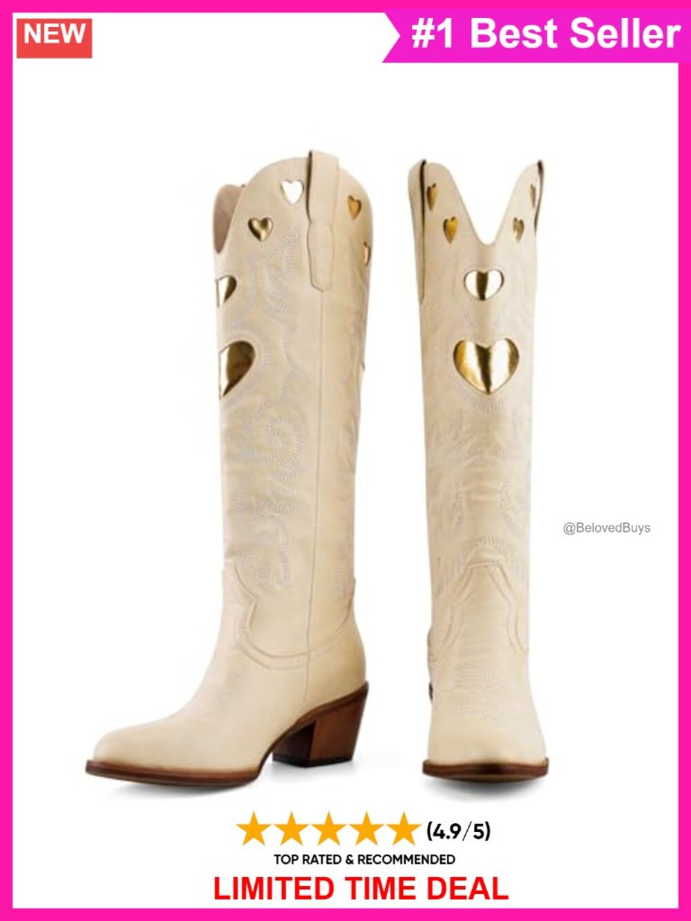 Faux Leather Western Knee High Boots Heart Embroidered Round Toe